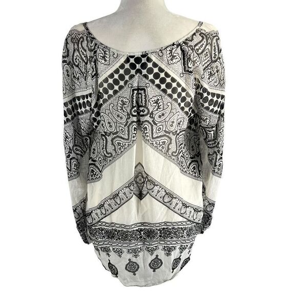 Hale Bob Sz Small Paisley Black & White Print Tassel Tie Front Chiffon Blouse Ov - Picture 5 of 12